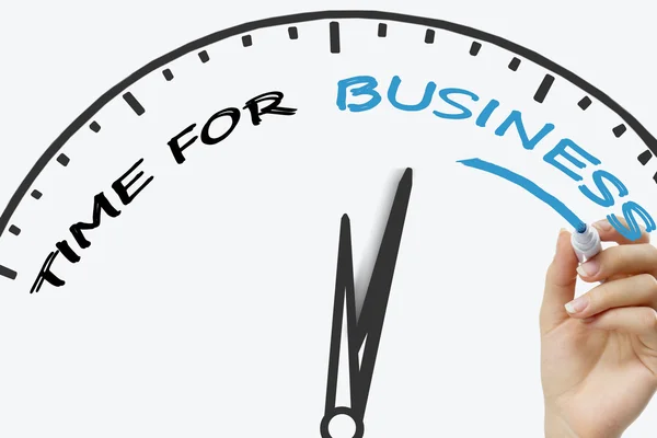 Hand skriva tid till Businessconcept med blå markör på transparent torka ombord — Stockfoto