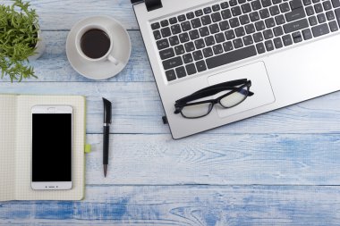 Ofis resepsiyon masası malzemeleri ile. Üstten Görünüm. Metin için yer kopyalayın