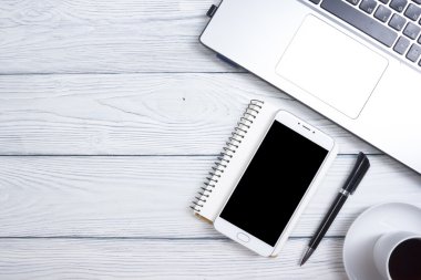 Ofis resepsiyon masası malzemeleri ile. Üstten Görünüm. Metin için yer kopyalayın