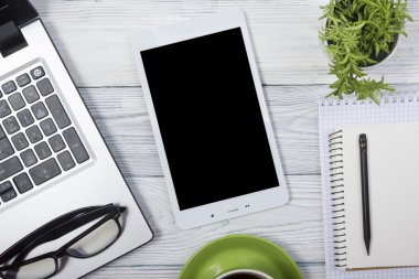 Ofis resepsiyon masası malzemeleri ile. Üstten Görünüm. Metin için yer kopyalayın