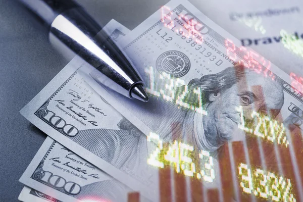 Finance, banking concept. Euro coins, us dollar banknote close-up. Abstract image of Financial system with selective focus, toned, double exposure — Stock Photo, Image