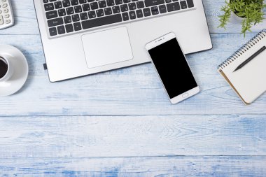 Ofis resepsiyon masası malzemeleri ile. Üstten Görünüm. Metin için yer kopyalayın