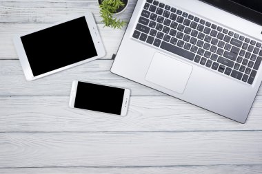 Ofis resepsiyon masası malzemeleri ile. Üstten Görünüm. Metin için yer kopyalayın