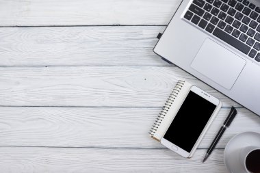 Ofis resepsiyon masası malzemeleri ile. Üstten Görünüm. Metin için yer kopyalayın