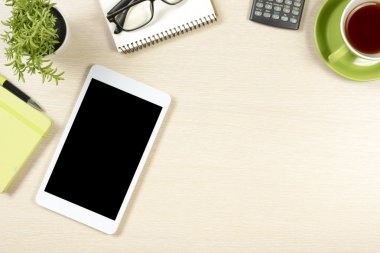 Ofis resepsiyon masası malzemeleri ile. Üstten Görünüm. Metin için yer kopyalayın