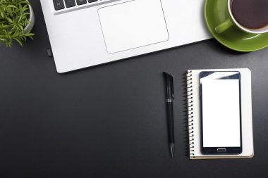 Ofis resepsiyon masası malzemeleri ile. Üstten Görünüm. Metin için yer kopyalayın