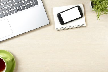 Ofis resepsiyon masası malzemeleri ile. Üstten Görünüm. Metin için yer kopyalayın