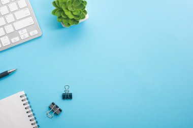 Dizüstü bilgisayarı, akıllı telefonu ve bir fincan kahveli diğer iş malzemeleri olan mavi masa ofisi. Metni kopyalamak için üst görünümü kullan. Desenci çalışma alanı düz masa üzerinde temel elementler yatıyordu