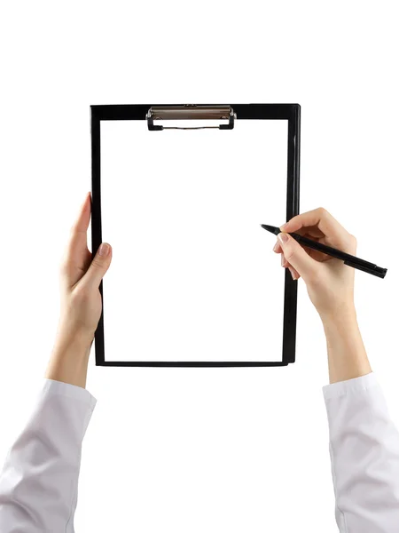 Female hand holding a pen and clipboard with blank paper (document, report) isolated on white background. Top view. — Φωτογραφία Αρχείου