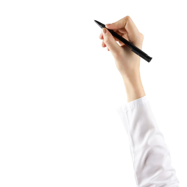 Close up of female hand is ready for drawing with black pen. Isolated on white background. — ストック写真