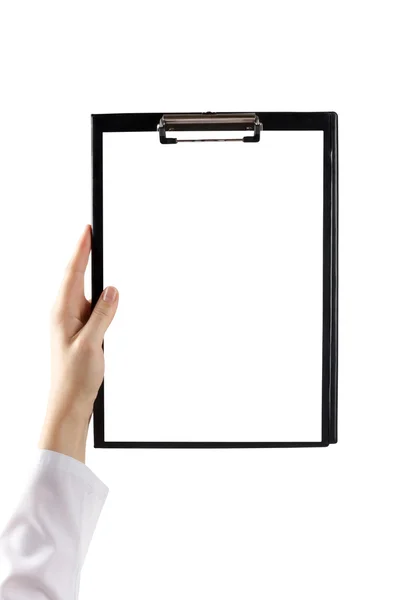 Female doctor's hand holding medical clipboard with blank sheet of paper isolated on white background. Concept of Healthcare And Medicine. Copy space. — Stock Photo, Image