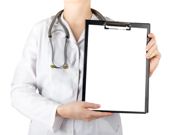 Female doctor's hand holding medical clipboard with blank sheet of paper and stethoscope isolated on white background. Concept of Healthcare And Medicine. Copy space. — Stockfoto