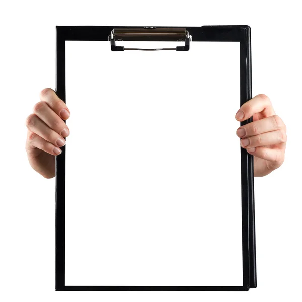 Female hands holding medical clipboard with blank sheet of paper isolated on white background. Copy space.