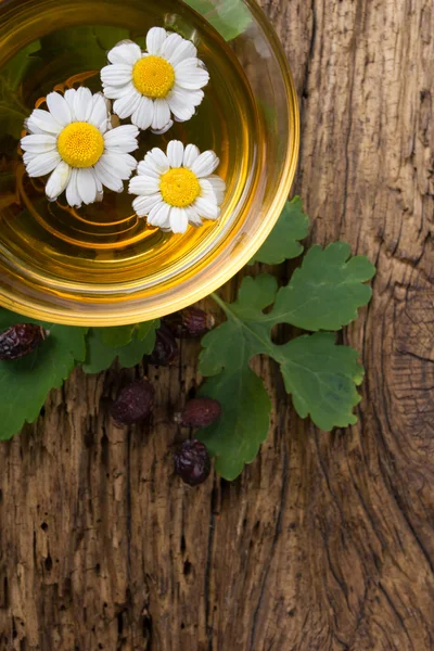 Kräutertee mit Kamille auf altem Holztisch. Ansicht von oben. Konzept der alternativen Medizin — Stockfoto