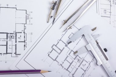 Mimari Proje, taslakları, blueprint rulo planları. Mühendislik araçları en baştan görüntüleyin. Uzay kopyalayın. İnşaat arka plan.