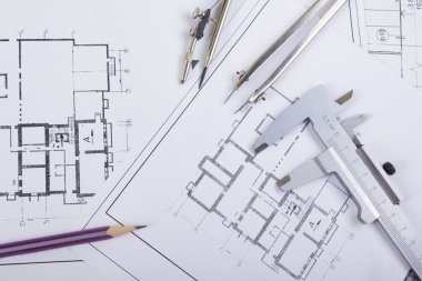 Mimari Proje, taslakları, blueprint rulo planları. Mühendislik araçları en baştan görüntüleyin. Uzay kopyalayın. İnşaat arka plan.