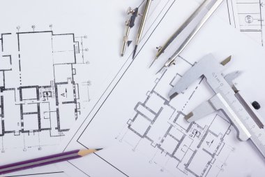 Mimari Proje, taslakları, blueprint rulo planları. Mühendislik araçları en baştan görüntüleyin. Uzay kopyalayın. İnşaat arka plan.