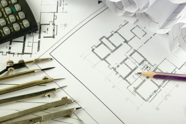 Mimari Proje, taslakları, blueprint rulo planları. Mühendislik araçları en baştan görüntüleyin. Uzay kopyalayın. İnşaat arka plan.