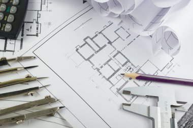Mimari Proje, taslakları, blueprint rulo planları. Mühendislik araçları en baştan görüntüleyin. Uzay kopyalayın. İnşaat arka plan.
