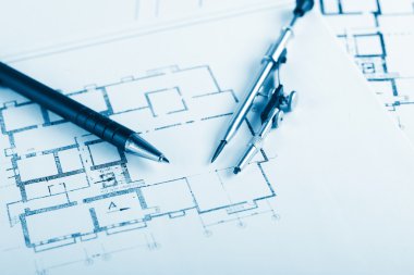 Mimari Proje, taslakları, blueprint rulo planları. Mühendislik araçları en baştan görüntüleyin. Uzay kopyalayın. İnşaat arka plan.