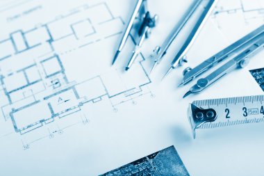 Mimari Proje, taslakları, blueprint rulo planları. Mühendislik araçları en baştan görüntüleyin. Uzay kopyalayın. İnşaat arka plan.