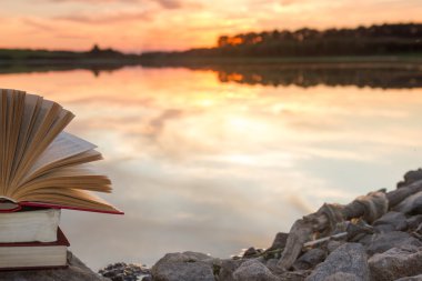 Kitap ve bulanık doğa manzara fonunda günbatımı gökyüzü arka ışık açık ciltli kitap yığını. Alan, okula geri kopyalayın. Eğitim arka plan.