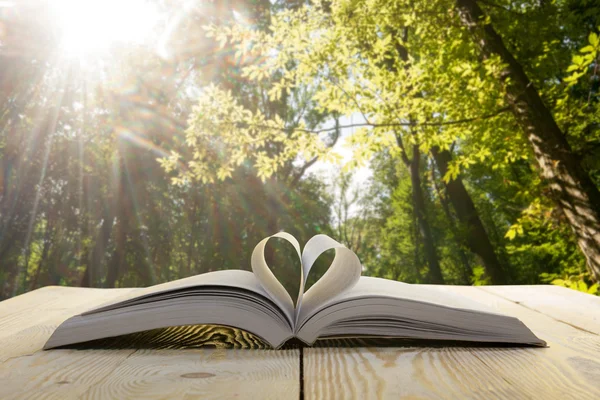 Ahşap doğal arka plan bulanık masada açık kitap. Kalp kitap sayfası. Okula dönüş. Kopya alanı