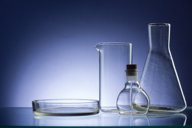 Boş Laboratuar kapkacakları, test tüpleri çeşitli. Mavi tonu tıbbi geçmişi. Kopya alanı