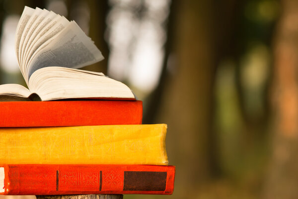 Stack of book and Open hardback book on blurred nature landscape backdrop. Copy space, back to school. Education background.