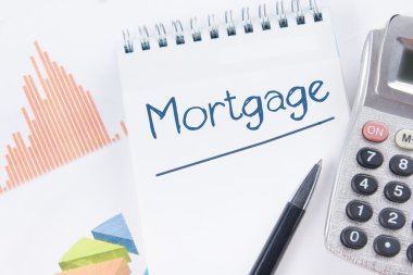 Motgage kavramı - finansal muhasebe borsa analiz grafikler. Hesap makinesi, kağıt, kalem grafiği boş levha ile defter. Üstten Görünüm