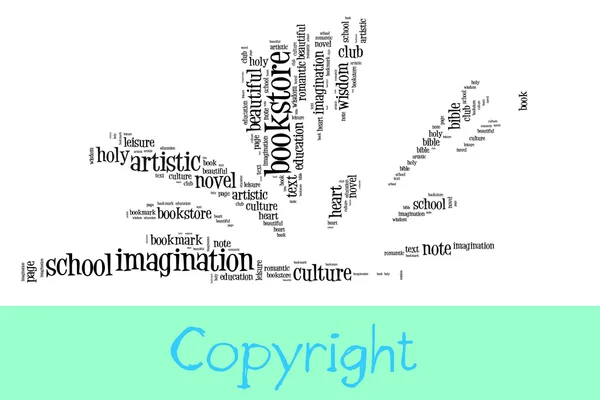 Libro abierto hecho de palabras negras sobre un fondo blanco con el mensaje "Copyright" debajo de él - Nube de palabras —  Fotos de Stock