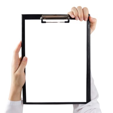 Female doctors hand holding medical clipboard with blank sheet of paper isolated on white background. Concept Healthcare And Medicine. Copy space