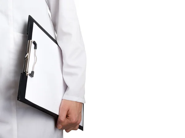 Female doctors hand holding medical clipboard with blank sheet of paper and stethoscope isolated on white background. Concept  Healthcare And Medicine. Copy space — Stock Photo, Image