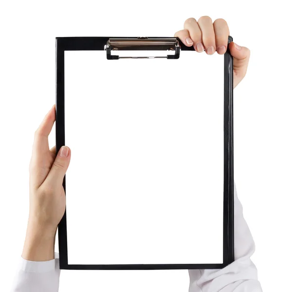 Female doctors hand holding medical clipboard with blank sheet of paper isolated on white background. Concept Healthcare And Medicine. Copy space — Stockfoto