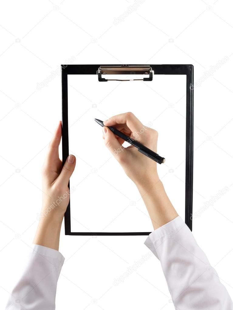 female hand holding a pen and clipboard with blank paper or document, report isolated on white background. Top view