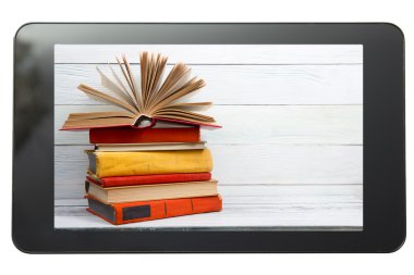 E-learning concept. Digital library - books inside tablet pc. Copy space for text