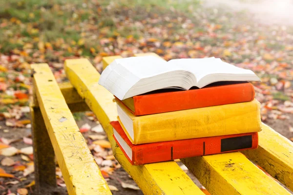 Stack di libro hardback sdraiato su una panchina al tramonto parco sfondo natura offuscata . — Foto Stock