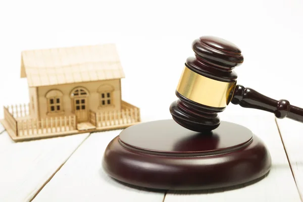 Auction. Law. Miniature House on wooden table and Court Gavel — Stock Photo, Image