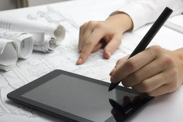 Architect working on blueprint. Architects workplace - architectural project, blueprints, ruler, calculator, laptop and divider compass. Construction concept. Engineering tools — Stock Photo, Image