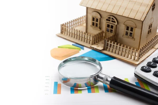 Model house, construction plan for house building, magnifying glass compass. calculator. Real Estate Concept. Top view. — Stock Photo, Image