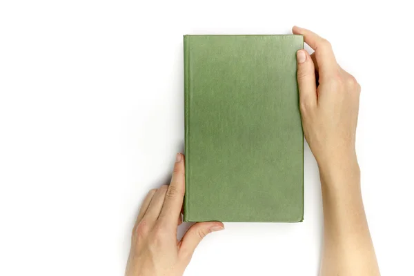 Hands hold blank red hardcover book on white background — Stock Photo, Image