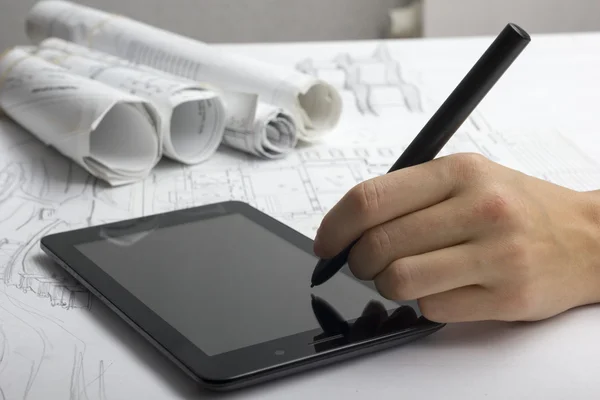 Architect working on blueprint. Architects workplace - architectural project, blueprints, ruler, calculator, laptop and divider compass. Construction concept. Engineering tools — Stock Photo, Image