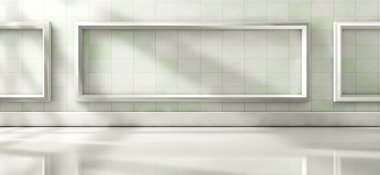 Ev mimarisi, beyaz ahşap zemin ve beyaz 3D duvar resmi. Pencereden ve iç oda arka planından geçen güneş ışığı.