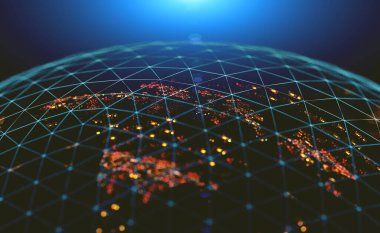 Dünya haritası ve şehir ışıkları. Küresel sosyal ağ ve internet kavramı. Dünya gezegeni ve 33d uzay illüstrasyonuyla geleceksel arka plan