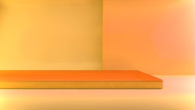 Boş ürün sunumu için 3D sunum ve bir vitrin. Canlı renklerde parlak platformlar ve boş oda