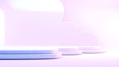 Boş ürün sunumu için 3D sunum ve bir vitrin. Canlı renklerde parlak platformlar ve boş oda