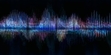 Müzik ve ses soyut arka plan 33D illüstrasyon. Eşitleyicinin dalgaları siyah arkaplanda izole edilmiş.