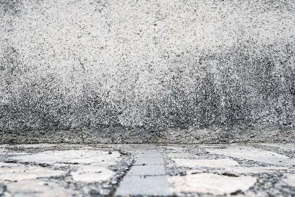 Kőpadló Fal Háttér Közelkép Utcáról Padló Cobblestone Padló Betonfal Városban — Stock Fotó
