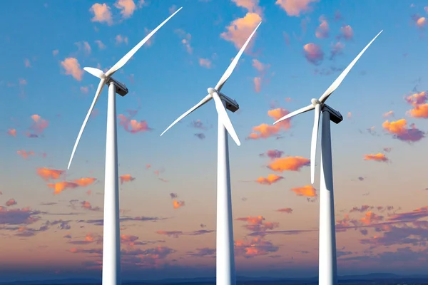 风车场和日落景观 可再生能源和风力涡轮机 — 图库照片