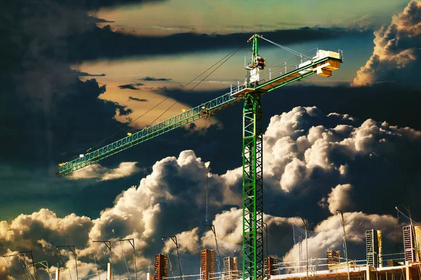 Construction Real Estate Industry Sunset Foundation Structure Houses Cranes Building — Stock Photo, Image